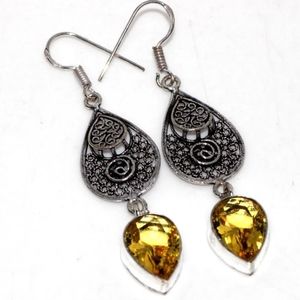 Citrine 925 Silver Plated Gemstone Handmade Earrings 2.5"
